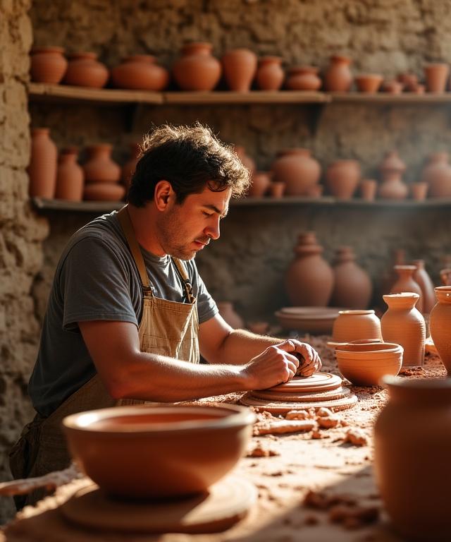 Artesano trabajando en su taller en un pueblo tradicional de España